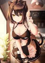 Rule 34 | 1girl, absurdres, ahoge, animal ears, apron, azur lane, baltimore (azur lane), bar (place), black dress, black thighhighs, breasts, brown hair, cat ears, cat girl, cat tail, ceiling light, character name, cleavage, closed eyes, closed mouth, clothing cutout, commentary request, copyright name, cowboy shot, dress, frilled apron, frills, garter straps, hair between eyes, highres, huge filesize, indoors, kemonomimi mode, large breasts, leaning forward, looking at viewer, menu, name tag, navel, navel cutout, plant, potted plant, puffy short sleeves, puffy sleeves, short hair, short sleeves, smile, solo, sora (men0105), stomach, tail, thighhighs, waist apron, waitress, white apron, wrist cuffs, yellow eyes
