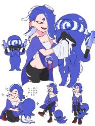 Rule 34 | 1girl, 1other, bare shoulders, black pants, black socks, blue hair, blue shawl, breasts, cephalopod eyes, chest sarashi, collarbone, commentary request, crying, earrings, fangs, glowstick, hair over one eye, hairband, headband, highres, holding, holding glowstick, holding hands, holding tissue, hugging another&#039;s leg, jewelry, jounetsu (jonetunoaoitako), looking at another, medium hair, midriff, multiple earrings, multiple views, navel, nintendo, octoling, octoling player character, octopus, one eye covered, open mouth, pants, penlight (glowstick), red eyes, sarashi, see-through, see-through shawl, shawl, shiver (splatoon), small breasts, socks, sparkle, splatoon (series), splatoon 3, squatting, suction cups, tears, tentacle hair, tooth earrings, torn clothes, torn pants, translation request, white background, white hairband, white headband, wiping tears
