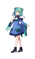 Rule 34 | 1girl, bare shoulders, black footwear, blue bow, blue dress, blue sleeves, blush, bow, detached sleeves, double bun, dress, earrings, full body, green hair, hair bow, hair bun, hair ornament, hand up, high heels, highres, hololive, jewelry, juliet sleeves, long sleeves, makihitsuji, open mouth, puffy sleeves, red eyes, shoes, simple background, skull earrings, skull hair ornament, sleeveless, sleeveless dress, sleeves past wrists, solo, standing, uruha rushia, uruha rushia (1st costume), virtual youtuber, white background, wide sleeves