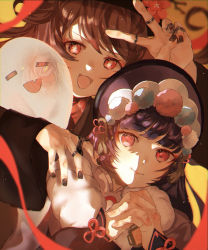 Rule 34 | 2girls, absurdres, bad id, bad pixiv id, black nails, brown hair, capelet, chinese clothes, chinese knot, coat, emaaa 0228, flower, flower-shaped pupils, genshin impact, ghost, hat, highres, hu tao (genshin impact), jewelry, lips, lolita fashion, looking at viewer, multiple girls, nail polish, pink capelet, plum blossoms, pom pom (clothes), porkpie hat, qi lolita, red eyes, ring, symbol-shaped pupils, v, vision (genshin impact), yun jin (genshin impact)