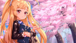 Rule 34 | 1girl, ahoge, ame., azur lane, black jacket, blazer, blonde hair, blue bow, blush, book, bow, brown skirt, cherry blossoms, commentary request, day, eldridge (azur lane), eldridge (the inquisitive recluse) (azur lane), facial mark, flower, hair ornament, hairclip, hand up, holding, holding book, jacket, long hair, long sleeves, outdoors, parted lips, petals, pink flower, plaid, plaid skirt, red eyes, signature, skirt, solo, tree, two side up, very long hair
