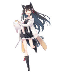 Rule 34 | 1girl, animal ear fluff, animal ears, black dress, black footwear, black hair, boots, brown eyes, camisole, cardigan, dress, fang, fox ears, fox tail, full body, highres, jewelry, knee boots, long hair, looking at viewer, necklace, open cardigan, open clothes, open mouth, original, poco (asahi age), short dress, sidelocks, simple background, smile, solo, tail, very long hair, white background