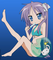 Rule 34 | 00s, 1girl, absurdres, bikini, food, highres, hiiragi kagami, lucky star, non-web source, outstretched leg, popsicle, solo, swimsuit, vector trace