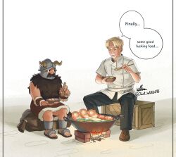 Rule 34 | 2boys, armor, artist name, bag, beard, black pants, blonde hair, bowl, brown hair, buttons, campfire, chef, commentary, crate, crossover, double-breasted, duffel bag, dungeon meshi, dwarf, eating, english commentary, facial hair, fake horns, feet, food, gordon ramsay, helmet, holding, holding bowl, holding spoon, horned helmet, horns, jacket, just will, leather armor, long beard, looking at another, male focus, multiple boys, mustache, pants, profanity, real life, senshi (dungeon meshi), short hair, sitting, spoon, thick mustache, toes, twitter username, very long beard, white jacket, wok