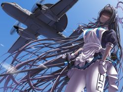 Rule 34 | 1girl, aircraft, airplane, anti-materiel rifle, apron, awacs, black hair, blue archive, blue sky, commentary, dark skin, e-2 hawkeye, gloves, gun, hair between eyes, highres, holding, holding gun, holding weapon, karin (blue archive), long hair, looking away, looking up, maid, maid apron, maid headdress, pantyhose, propeller, rifle, short sleeves, sidelocks, silver bullet (ecc12 8), sky, sniper rifle, solo, sunlight, weapon, white gloves, white pantyhose, yellow eyes