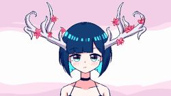 Rule 34 | 1girl, :/, antlers, aqua hair, black choker, blunt bangs, blush, bob cut, chibikki, choker, closed mouth, collarbone, commentary request, flower, highres, horns, looking at viewer, original, pink background, pink flower, pixel art, portrait, short hair, solo, spaghetti strap, split mouth, straight-on