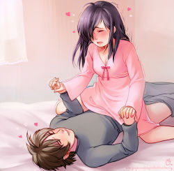 Rule 34 | 10s, 1boy, 1girl, bed, bedroom, blush, brown hair, burn mark, clothed sex, clothes pull, commission, cowgirl position, dress, closed eyes, girl on top, holding hands, happy, happy sex, heart, hetero, ikezawa hanako, implied sex, interlocked fingers, katawa shoujo, long hair, nakai hisao, nightgown, open mouth, pants, pants pull, pink background, pink dress, purple hair, ribbon, ribbon trim, roarke (lavenderincubus), scar, sex, smile, straddling, text focus, trembling, vaginal