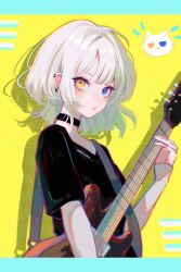 Rule 34 | 1girl, bang dream!, bang dream! it&#039;s mygo!!!!!, black shirt, blonde hair, blue eyes, blush, brown eyes, choker, closed mouth, copyright request, earrings, heterochromia, hewuahua, highres, holding, holding instrument, instrument, jewelry, kaname raana, looking at viewer, medium hair, shirt, short sleeves, solo
