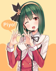 Rule 34 | 1girl, ;d, breasts, cosplay, green hair, hairband, headset, heart, heart hands, highres, idolmaster, idolmaster (classic), long sleeves, love live!, love live! school idol project, medium breasts, mole, mole under mouth, name connection, one eye closed, open mouth, otonashi kotori, short hair, shuuichi, smile, solo