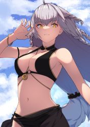 Rule 34 | 1girl, bare shoulders, bikini, black bikini, blue sky, braid, breasts, chienon, cleavage, collarbone, fate/grand order, fate (series), grey hair, highres, jeanne d&#039;arc alter (fate), jeanne d&#039;arc alter (festival outfit) (fate), jewelry, large breasts, long hair, looking at viewer, multiple braids, necklace, o-ring, o-ring bikini, official alternate costume, quad braids, sarong, sky, smile, solo, swimsuit, thighs, very long hair, yellow eyes