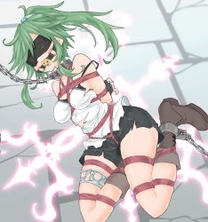 Rule 34 | 1girl, absurdres, arms behind back, ball gag, bdsm, blindfold, bondage, boots, bound, breasts, chain, chain leash, chained, collar, duel monster, fingerless gloves, gag, gagged, gloves, green hair, highres, leash, medium breasts, metal collar, ponytail, rioreori, rope, saliva, shibari, shibari over clothes, shorts, slave, thighlet, torn clothes, wiffle gag, winda (yu-gi-oh!), winda priestess of gusto, yu-gi-oh!