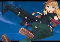 Rule 34 | 1girl, alice gear aegis, black gloves, black shirt, blonde hair, blue eyes, blue sky, blush, boots, breasts, brown footwear, cloud, commentary request, day, detached sleeves, drum magazine, fingerless gloves, gloves, green pants, gun, hair between eyes, holding, holding gun, holding weapon, long hair, long sleeves, looking at viewer, magazine (weapon), medium breasts, outdoors, pants, parted lips, shirt, sky, smile, solo, very long hair, virginia glynnberets, weapon, weapon request, yadokari (migihashi)
