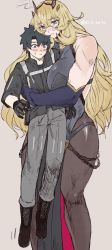 Rule 34 | 1boy, 1girl, bare shoulders, belt, biceps, black dress, black footwear, black gloves, black hair, black jacket, blonde hair, blue eyes, blush, boots, breasts, brown pantyhose, chain, dress, elbow gloves, barghest (fate), barghest (second ascension) (fate), fate/grand order, fate (series), fujimaru ritsuka (male), fujimaru ritsuka (male) (polar chaldea uniform), gloves, green eyes, grey pants, heterochromia, highres, horns, jacket, kaita (mokamilkcup), large breasts, lifting person, long hair, muscular, muscular female, pants, pantyhose, pelvic curtain, pouch, red eyes, short hair, short sleeves, tearing up, thighs