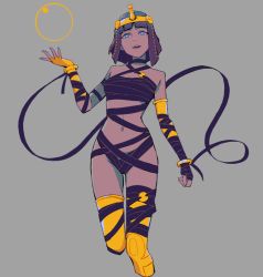 Rule 34 | 1girl, alternate costume, asymmetrical gloves, bandages, blue eyes, blunt bangs, bracelet, choker, commentary request, cropped legs, crystal ball, dark-skinned female, dark skin, fingerless gloves, gloves, grey background, jewelry, lips, looking at viewer, menat, mismatched gloves, mummy costume, navel, nihohe, parted lips, purple hair, revealing clothes, short hair, smile, solo, street fighter, street fighter v, thighhighs, tiara, yellow thighhighs