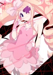Rule 34 | 10s, 1girl, :3, absurdres, bare shoulders, big hair, blonde hair, blush, bow, dress, drill hair, earrings, eyepatch, hair bow, harime nui, heart, highres, jewelry, kill la kill, life fiber, long hair, lovenedesiko, mono (lovenedesiko), pink bow, purple eyes, solo, strapless, strapless dress, twin drills, twintails, unmoving pattern, wrist cuffs