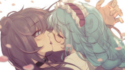 Rule 34 | 2girls, animal ears, arknights, bear ears, blue eyes, blue hair, brown hair, closed eyes, collar, falling petals, french kiss, from side, headdress, istina (arknights), istina (bibliosmia) (arknights), kiss, long hair, looking at another, monocle, multiple girls, official alternate costume, petals, simple background, tongue, upper body, white background, ya kexi, yuri, zima (arknights)