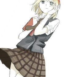 Rule 34 | 1girl, alice margatroid, alternate costume, blonde hair, book, contemporary, dutch angle, grey eyes, hairband, hand on own cheek, hand on own face, necktie, plaid, plaid skirt, school uniform, short hair, simple background, skirt, solo, touhou, uuron (nkktmrrr), white background, wind