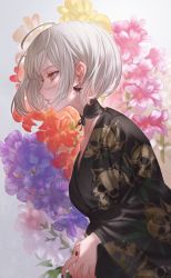 Rule 34 | 1girl, absurdres, ahoge, breasts, choker, closed mouth, commentary request, earrings, expressionless, fingernails, floral background, floral print, flower, from side, hair behind ear, highres, huge filesize, japanese clothes, jewelry, long sleeves, looking away, looking to the side, makai no juumin, medium hair, nail polish, original, own hands together, profile, skull print, solo, upper body, white hair, wide sleeves, yellow eyes