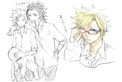 Rule 34 | 2boys, adjusting eyewear, alternate universe, arm around shoulder, bisuko, blonde hair, blue eyes, cardigan, clothes around waist, cloud strife, collared shirt, cropped legs, cropped torso, expressionless, final fantasy, final fantasy vii, glasses, grin, hair ornament, hair slicked back, hairclip, hand on own hip, hand up, jacket, jacket around waist, leaning forward, long hair, male focus, multiple boys, multiple views, open mouth, pants, partially colored, rectangular eyewear, school uniform, shirt, short hair, sketch, smile, spiked hair, third-party source, translation request, upper body, white background, zack fair