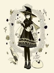 Rule 34 | 1girl, black dress, black flower, black footwear, black hair, black hat, black pantyhose, black rose, blunt bangs, book, bug, butterfly, cup, dress, flower, full body, hat, hat ribbon, highres, holding, holding cup, holding teapot, insect, layered dress, long hair, long sleeves, looking at viewer, open book, original, pantyhose, puffy sleeves, ribbon, rose, shawl, solo, standing, teacup, teapot, white shawl, witch, witch hat, woraya chotikul