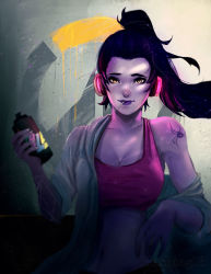 Rule 34 | 1girl, black hair, black widow (spider), bottle, breasts, candy, cleavage, closed mouth, colored skin, commentary, english commentary, food, headset, high ponytail, highres, holding, holding bottle, large breasts, lips, lipstick, lollipop, long hair, long sleeves, looking at viewer, makeup, navel, open clothes, open shirt, overwatch, overwatch (logo), overwatch 1, ponytail, purple lips, purple skin, shirt, shoulder tattoo, sleeves pushed up, solo, spider tattoo, sports bra, stomach, tattoo, trung doan, white shirt, widowmaker (overwatch), yellow eyes