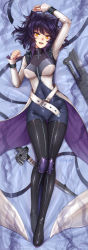 Rule 34 | 1girl, adsouto, ahoge, animal ears, arm up, artist name, bed, bed sheet, black hair, black thighhighs, blake belladonna, blush, bodysuit, boots, breasts, cat ears, combination weapon, covered navel, dakimakura (medium), from above, full body, gambol shroud, gluteal fold, gun, highres, knee pads, large breasts, looking at viewer, lying, on back, open mouth, pistol sword, purple hair, rwby, short hair, short sleeves, skin tight, solo, sword, teeth, thigh boots, thigh gap, thighhighs, upper teeth only, weapon, yellow eyes, zipper, zipper legwear
