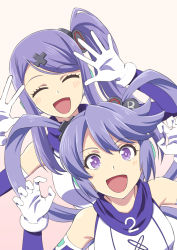 Rule 34 | 2girls, :d, blush, bright pupils, copyright request, elbow gloves, closed eyes, facing viewer, gloves, hands up, headphones, ishii hisao, long hair, looking at viewer, multiple girls, one side up, open mouth, pink background, purple eyes, purple hair, simple background, smile, virtual youtuber, white gloves