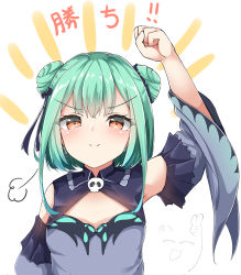 Rule 34 | &gt;:), 1girl, puff of air, absurdres, arm up, black bow, blue dress, blue sleeves, blush, bow, breasts, brown eyes, closed mouth, detached sleeves, double bun, dress, green hair, hair between eyes, hair bow, hair bun, highres, hololive, long sleeves, moyoron, simple background, sleeveless, sleeveless dress, small breasts, smile, solo, translated, uruha rushia, uruha rushia (1st costume), v-shaped eyebrows, virtual youtuber, white background, wide sleeves