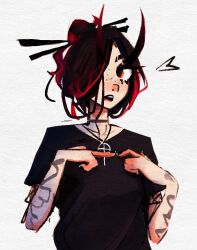Rule 34 | 1girl, arm tattoo, black choker, black hair, black shirt, choker, commentary, demon horns, english commentary, hair bun, hair ornament, hair over one eye, hair stick, highres, horns, jewelry, messy hair, mrpilo28, multicolored hair, necklace, one eye covered, open mouth, original, red eyes, red hair, shirt, simple background, solo, tattoo, teeth, two-tone hair, upper body, upper teeth only, white background