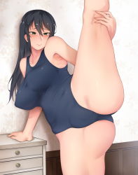 Rule 34 | 1girl, armpits, ass, black hair, blue one-piece swimsuit, blush, breasts, covered erect nipples, green eyes, hair between eyes, kneepits, long hair, one-piece swimsuit, original, solo, split, standing, standing on one leg, standing split, sweatdrop, swimsuit, toritora