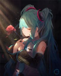 Rule 34 | 1girl, blue hair, blue necktie, c.mi, closed eyes, dark background, detached sleeves, expressionless, flower, grey shirt, hatsune miku, highres, holding, holding flower, leaf, light particles, light rays, light smile, long hair, necktie, number tattoo, petals, red flower, red rose, rose, shirt, shoulder tattoo, signature, solo, sparkle, sunlight, tattoo, very long hair, vocaloid