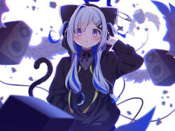 Rule 34 | 1girl, amane kanata, animal ear headwear, black hoodie, black ribbon, blue hair, blurry, blurry background, blurry foreground, blush, chromatic aberration, commentary request, creature, debris, drawstring, eyes visible through hair, fake animal ears, feathered wings, grey shirt, hair ornament, hair ribbon, hairclip, hand in pocket, hand up, headphones, highres, hololive, hood, hood up, hoodie, jewelry, light blue hair, long hair, long sleeves, looking at viewer, low-tied long hair, multicolored hair, neck ribbon, necklace, official alternate costume, official alternate hair length, official alternate hairstyle, parted lips, purple eyes, purple hair, ribbed shirt, ribbon, safety pin, seek arrow, shirt, single hair intake, straight-on, streaked hair, subwoofer, tail, tail raised, triangle mouth, two-tone ribbon, two side up, upper body, virtual youtuber, white background, white wings, wings