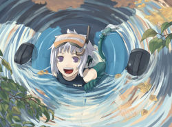 Rule 34 | bodysuit, cable, diving mask, diving mask on head, diving suit, elbow gloves, flippers, from above, gloves, goggles, goggles on head, grey hair, innertube, itsutsu, itsutsuboshi, leaf, looking up, original, purple eyes, ripples, single glove, smile, snorkel, solo, submerged, swim ring, swimsuit, water, wetsuit