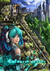 Rule 34 | 1boy, 2girls, aqua eyes, aqua hair, bare shoulders, blue sky, building, city, cloud, day, detached sleeves, english text, hatsune miku, headphones, highres, kagamine len, kagamine rin, looking at viewer, looking back, multiple girls, outdoors, sitting, sky, stairs, standing, sukya, twintails, vocaloid