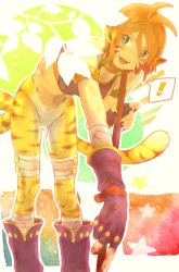 Rule 34 | !, 1girl, :d, animal ears, armor, bad id, bad pixiv id, breastplate, breasts, breath of fire, breath of fire ii, cat ears, choker, facepaint, facial mark, fingerless gloves, furry, furry female, gloves, hair between eyes, leaning forward, no pants, open mouth, orange hair, polearm, rinpoo chuan, short hair, smile, solo, speech bubble, spoken exclamation mark, tail, teeth, tiger ears, tiger stripes, tiger tail, weapon