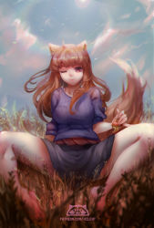 Rule 34 | 1girl, ;), animal ears, apple, apple core, artist name, bad id, bad pixiv id, barefoot, black skirt, blue shirt, blue sky, breasts, brown hair, food, fruit, hilent, holo, long hair, looking at viewer, medium breasts, one eye closed, outdoors, red eyes, shirt, skirt, sky, smile, solo, spice and wolf, spread legs, tail, watermark, web address, wolf ears, wolf tail