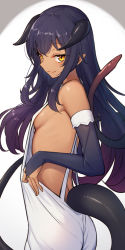 Rule 34 | 1girl, ass, backless outfit, bare shoulders, black hair, breasts, bridal gauntlets, commentary, cowboy shot, dark-skinned female, dark skin, gradient hair, highres, horns, looking at viewer, looking back, multicolored hair, nishino eri, original, pointy ears, purple hair, sideboob, simple background, small breasts, smile, solo, tail, white background, yellow eyes