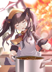 Rule 34 | 1girl, apron, ascot, black dress, black hair, black horns, blue archive, cooking pot, curry, demon horns, dress, fingernails, food, fuuka (blue archive), halo, head scarf, highres, horns, long hair, looking at viewer, mofu namako, necktie, open mouth, orange necktie, red ascot, red halo, sleeves rolled up, solo, twintails, white apron, yellow headwear