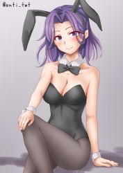 Rule 34 | 1girl, animal ears, anti (untea9), black leotard, black pantyhose, blush, breasts, cleavage, closed mouth, detached collar, fake animal ears, feet out of frame, gradient background, grey background, highres, kantai collection, leotard, medium breasts, pantyhose, playboy bunny, purple eyes, purple hair, rabbit ears, shadow, short hair, smile, solo, strapless, strapless leotard, tatsuta (kancolle), twitter username, wrist cuffs