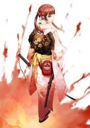 Rule 34 | 1girl, back, blue eyes, blush, brown hair, from behind, full body, hair bobbles, hair ornament, hairclip, holding, holding weapon, japanese clothes, katana, kimono, kunieda, looking at viewer, looking back, original, profile, sandals, sash, solo, standing, sword, twintails, weapon