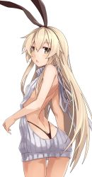 Rule 34 | 10s, 1girl, ass, backless dress, backless outfit, bare back, black panties, black ribbon, blonde hair, breasts, butt crack, chestnut mouth, cowboy shot, dress, from behind, grey sweater, hair between eyes, hair ribbon, halterneck, highres, kantai collection, long hair, looking at viewer, meme attire, open mouth, panties, ribbed sweater, ribbon, shimakaze (kancolle), simple background, small breasts, solo, sweater, sweater dress, takanashie, thong, turtleneck, turtleneck sweater, underwear, very long hair, virgin killer sweater, white background
