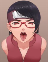 Rule 34 | 1girl, absurdres, bad id, bad pixiv id, bare shoulders, black hair, boruto: naruto next generations, breasts, brown background, collarbone, commentary request, from above, glasses, highres, looking at viewer, mil k vanilla, naruto, naruto (series), open mouth, oral invitation, red-framed eyewear, red eyes, saliva, sharingan, short hair, simple background, small breasts, solo, teeth, tongue, tongue out, uchiha sarada, upper body, uvula