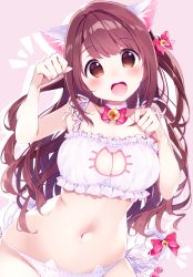 Rule 34 | 1girl, animal ears, arm up, bare arms, bare shoulders, bell, neck bell, blush, bow, bra, breasts, brown eyes, brown hair, cat cutout, cat ear panties, cat ears, cat girl, cat lingerie, cat tail, chikuwa., choker, cleavage, cleavage cutout, clothing cutout, collarbone, commentary request, frilled bra, frills, hair bow, hand up, head tilt, highres, jingle bell, long hair, looking at viewer, medium breasts, meme attire, navel, original, panties, paw pose, pink bow, side-tie panties, solo, tail, tail bell, tail bow, tail ornament, underwear, underwear only, very long hair, white bra, white choker, white panties