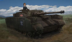 Rule 34 | 1girl, anglerfish, brown eyes, brown hair, caterpillar tracks, cloud, commentary request, day, emblem, fish, girls und panzer, grass, headphones, highres, military, military vehicle, motor vehicle, mountain, nishizumi miho, ooarai (emblem), ooarai military uniform, open mouth, panzer iv, panzer iv, short hair, sky, solo, tank, yomanika