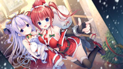 Rule 34 | 2girls, :d, azur lane, bare shoulders, bell, bikini, bikini top only, blue eyes, blurry, blurry background, blush, box, choker, christmas, collarbone, depth of field, detached sleeves, dress, dutch angle, elbow gloves, fang, fingerless gloves, fur-trimmed bikini, fur-trimmed dress, fur-trimmed gloves, fur-trimmed jacket, fur-trimmed skirt, fur trim, gift, gift box, gloves, hair bun, halterneck, holding, holding sack, indoors, jacket, long hair, long sleeves, looking at viewer, multiple girls, hugging object, open clothes, open jacket, open mouth, purple eyes, purple hair, red bikini, red choker, red dress, red hair, red jacket, red skirt, sack, san diego (azur lane), santa bikini, santa costume, side bun, single hair bun, single side bun, skirt, sleeves past wrists, smile, sousouman, stuffed animal, stuffed toy, stuffed winged unicorn, swimsuit, twintails, unicorn (azur lane), v-shaped eyebrows, very long hair