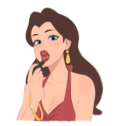 1girl, applying makeup, awawawaart, bangle, bare shoulders, blue eyes, bracelet, breasts, brown hair, cleavage, collarbone, cosmetics, cropped shoulders, donkey kong (game), donkey kong (series), dress, earrings, expressionless, eyelashes, eyeshadow, forehead, gold bracelet, gold earrings, halter dress, halterneck, hand up, highres, holding, holding lipstick tube, jewelry, large breasts, lips, lipstick, lipstick tube, long hair, looking at viewer, makeup, mario (series), nail polish, nintendo, nose, nostrils, open mouth, pauline (mario), purple eyeshadow, red dress, red lips, red nails, simple background, sleeveless, sleeveless dress, solo, taut clothes, taut dress, teeth, thick lips, upper body, white background