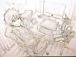 Rule 34 | 1boy, arms behind head, big hero 6, chair, computer, cup, desk, from above, graphics tablet, graphite (medium), hiro hamada, male focus, marvel, monitor, mug, office chair, pencil, shorts, sitting, smile, solo, swivel chair, toboso yana, traditional media, uneven eyes