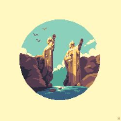 Rule 34 | arm up, bird, blue sky, cloud, cloudy sky, commentary, english commentary, tolkien&#039;s legendarium, minimalism, ocean, pixel art, scenery, scrixels, sky, statue, the lord of the rings