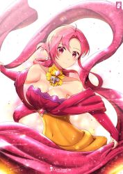 Rule 34 | 1girl, ahoge, ballgown, ballroom dancing, ballroom dress, ballroom gown, bare shoulders, blush, breasts, chinchongcha, choker, collarbone, covered navel, cowboy shot, dancing, dress, elbow gloves, ethlyn (fire emblem), ethlyn (masquerade) (fire emblem), fire emblem, fire emblem heroes, formal, gloves, hair ornament, highres, impossible clothes, impossible dress, jewelry, medium breasts, medium hair, nintendo, off-shoulder dress, off shoulder, pink eyes, pink hair, sash, shadow, signature, simple background, smile, solo, yellow dress