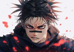 Rule 34 | 1boy, 28cg, absurdres, angry, black hair, black shirt, blood, choso (jujutsu kaisen), clenched teeth, facial tattoo, frown, highres, jujutsu kaisen, looking at viewer, male focus, shirt, short hair, solo, tattoo, teeth, upper body, v-shaped eyebrows, white background